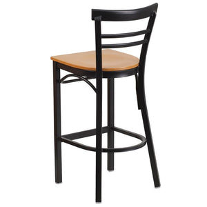 HERCULES Series Black Two-Slat Ladder Back Metal Restaurant Barstool - Natural Wood Seat - Back