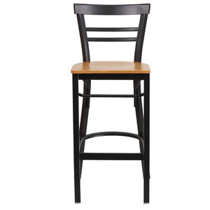 HERCULES Series Black Two-Slat Ladder Back Metal Restaurant Barstool - Natural Wood Seat - Front