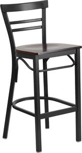 HERCULES Series Black Two-Slat Ladder Back Metal Restaurant Barstool - Walnut Wood Seat