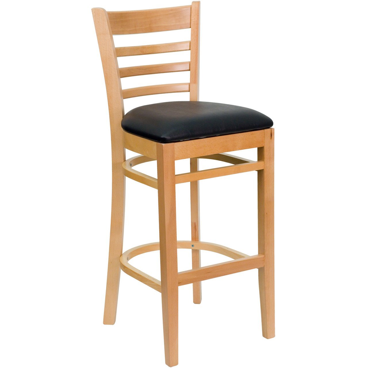 HERCULES Series Ladder Back Natural Wood Restaurant Barstool - Black Vinyl Seat