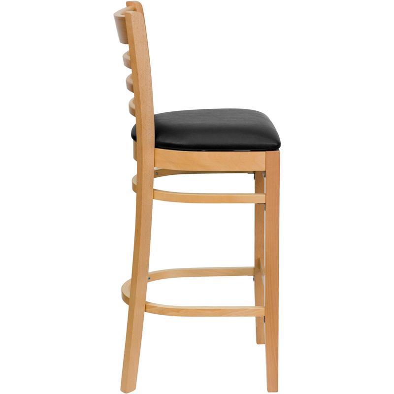 HERCULES Series Ladder Back Natural Wood Restaurant Barstool - Black Vinyl Seat