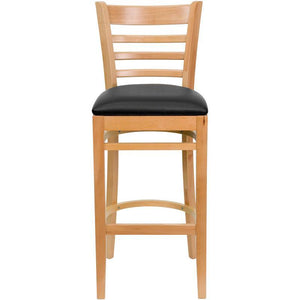 HERCULES Series Ladder Back Natural Wood Restaurant Barstool - Black Vinyl Seat