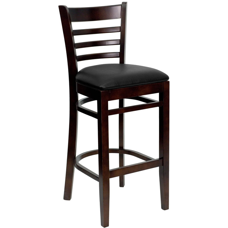 HERCULES Series Ladder Back Walnut Wood Restaurant Barstool - Black Vinyl Seat