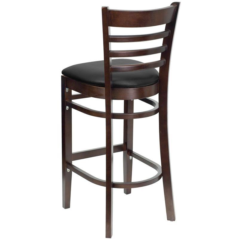 HERCULES Series Ladder Back Walnut Wood Restaurant Barstool - Black Vinyl Seat