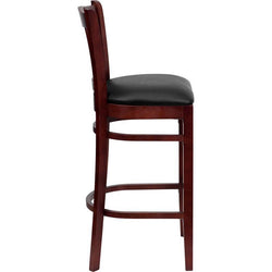 HERCULES Series Vertical Slat Back Mahogany Wood Restaurant Barstool - Black Vinyl Seat