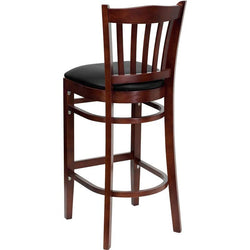 HERCULES Series Vertical Slat Back Mahogany Wood Restaurant Barstool - Black Vinyl Seat