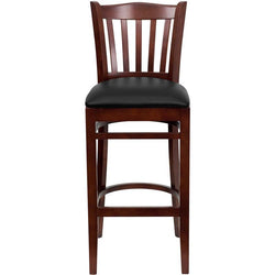 HERCULES Series Vertical Slat Back Mahogany Wood Restaurant Barstool - Black Vinyl Seat