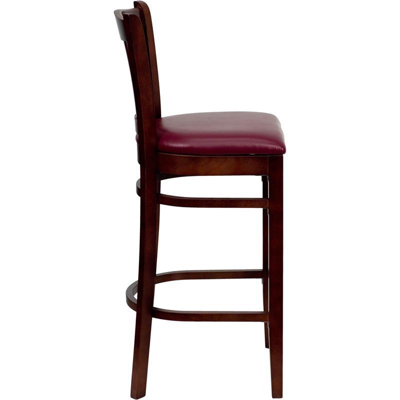 HERCULES Series Vertical Slat Back Mahogany Wood Restaurant Barstool - Burgundy Vinyl Seat - Side