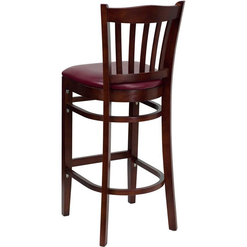 HERCULES Series Vertical Slat Back Mahogany Wood Restaurant Barstool - Burgundy Vinyl Seat - Back