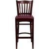 HERCULES Series Vertical Slat Back Mahogany Wood Restaurant Barstool - Burgundy Vinyl Seat - Front