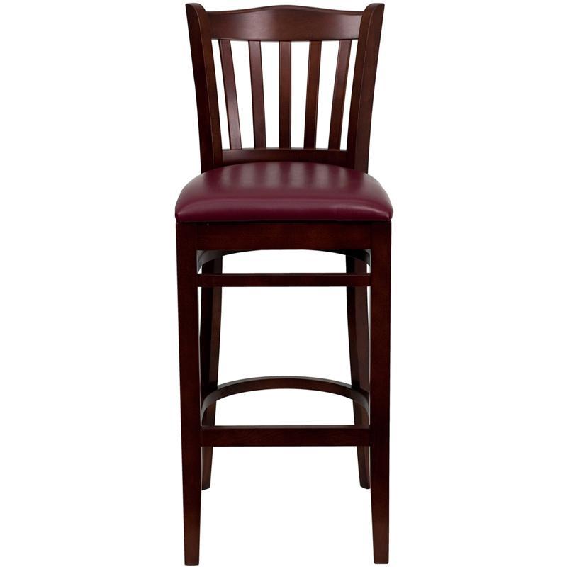 HERCULES Series Vertical Slat Back Mahogany Wood Restaurant Barstool - Burgundy Vinyl Seat - Front