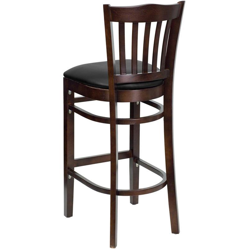 Slat Back Walnut Wood Restaurant Barstool - Black Vinyl Seat