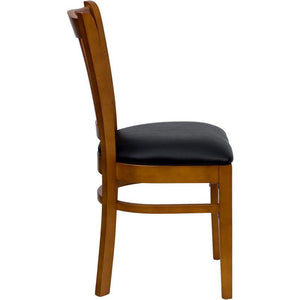 HERCULES Series Vertical Slat Back Cherry Wood Restaurant Chair - Black Vinyl Seat