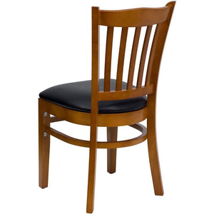 HERCULES Series Vertical Slat Back Cherry Wood Restaurant Chair - Black Vinyl Seat