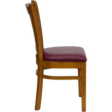 Load image into Gallery viewer, HERCULES Series Vertical Slat Back Cherry Wood Restaurant Chair - Burgundy Vinyl Seat