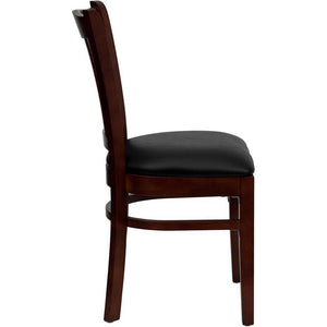 HERCULES Series Vertical Slat Back Mahogany Wood Restaurant Chair - Black Vinyl Seat