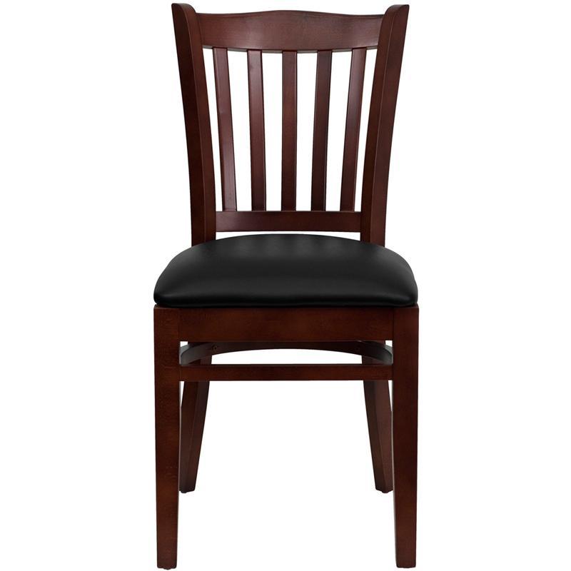 HERCULES Series Vertical Slat Back Mahogany Wood Restaurant Chair - Black Vinyl Seat