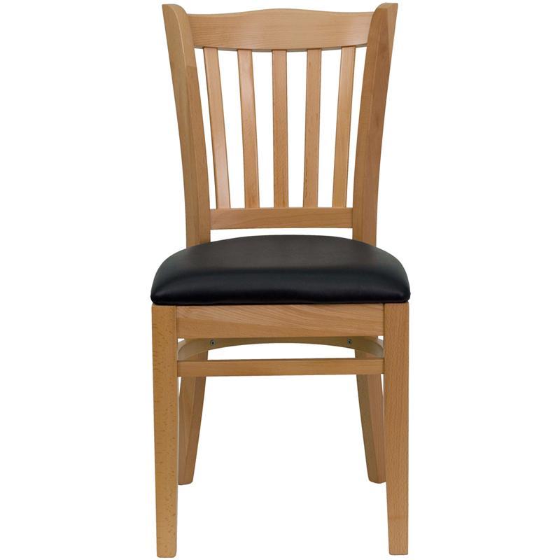 HERCULES Series Vertical Slat Back Natural Wood Restaurant Chair - Black Vinyl Seat