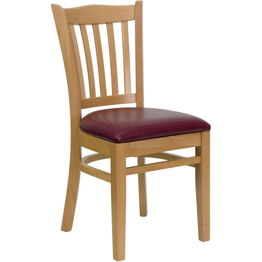 HERCULES Series Vertical Slat Back Natural Wood Restaurant Chair - Burgundy Vinyl Seat