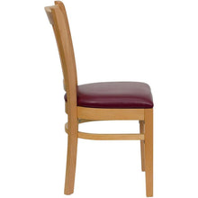 Load image into Gallery viewer, HERCULES Series Vertical Slat Back Natural Wood Restaurant Chair - Burgundy Vinyl Seat