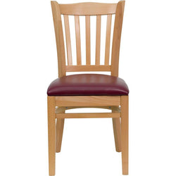 HERCULES Series Vertical Slat Back Natural Wood Restaurant Chair - Burgundy Vinyl Seat