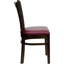 Load image into Gallery viewer, HERCULES Series Vertical Slat Back Walnut Wood Restaurant Chair - Burgundy Vinyl Seat