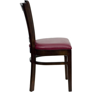 HERCULES Series Vertical Slat Back Walnut Wood Restaurant Chair - Burgundy Vinyl Seat
