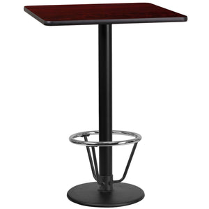 24'' Square Mahogany Laminate Table Top with 18'' Round Bar Height Table Base and Foot Ring