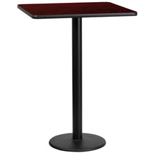 Load image into Gallery viewer, 24&#39;&#39; Square Mahogany Laminate Table Top with 18&#39;&#39; Round Bar Height Table Base