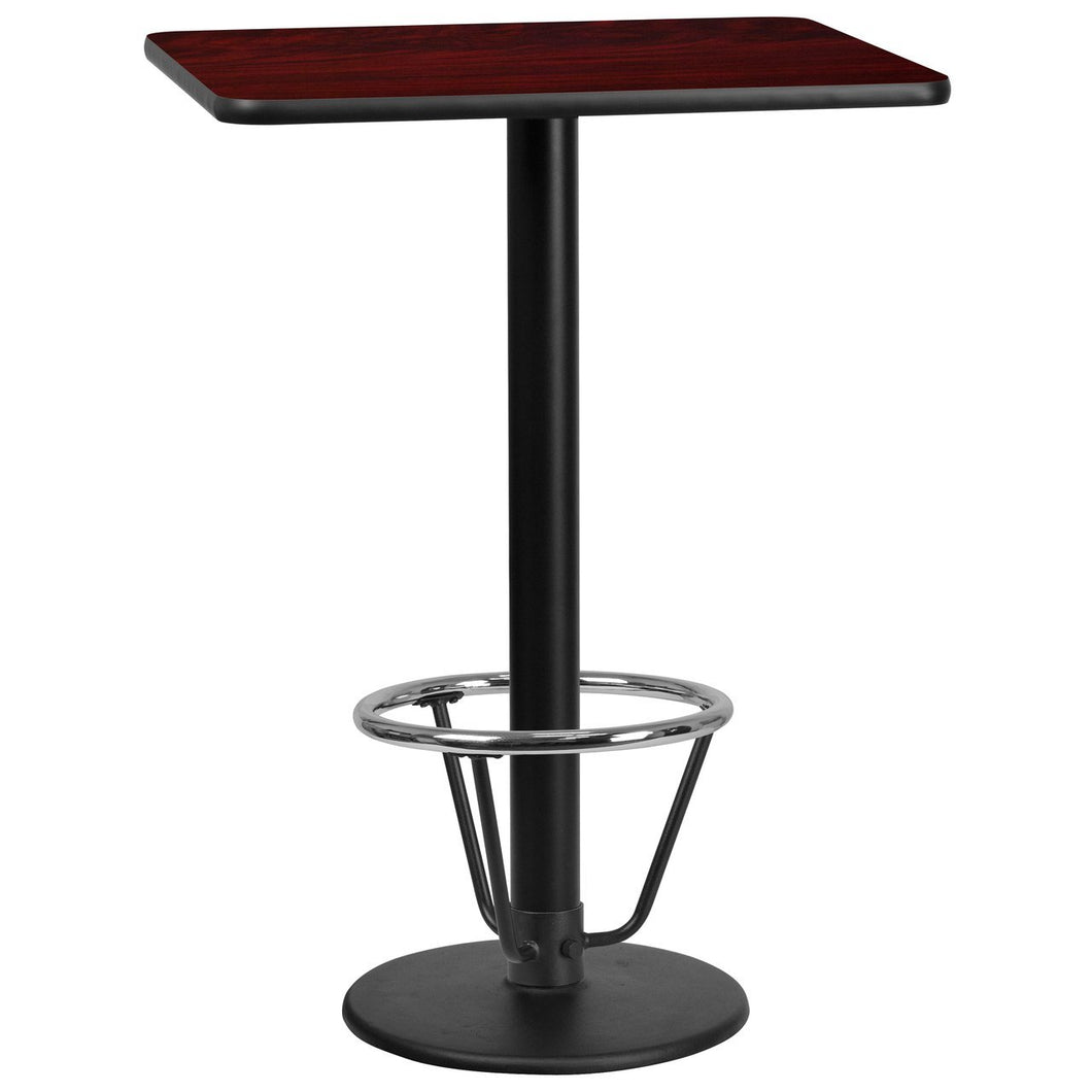 24'' x 30'' Rectangular Mahogany Laminate Table Top with 18'' Round Bar Height Table Base and Foot Ring