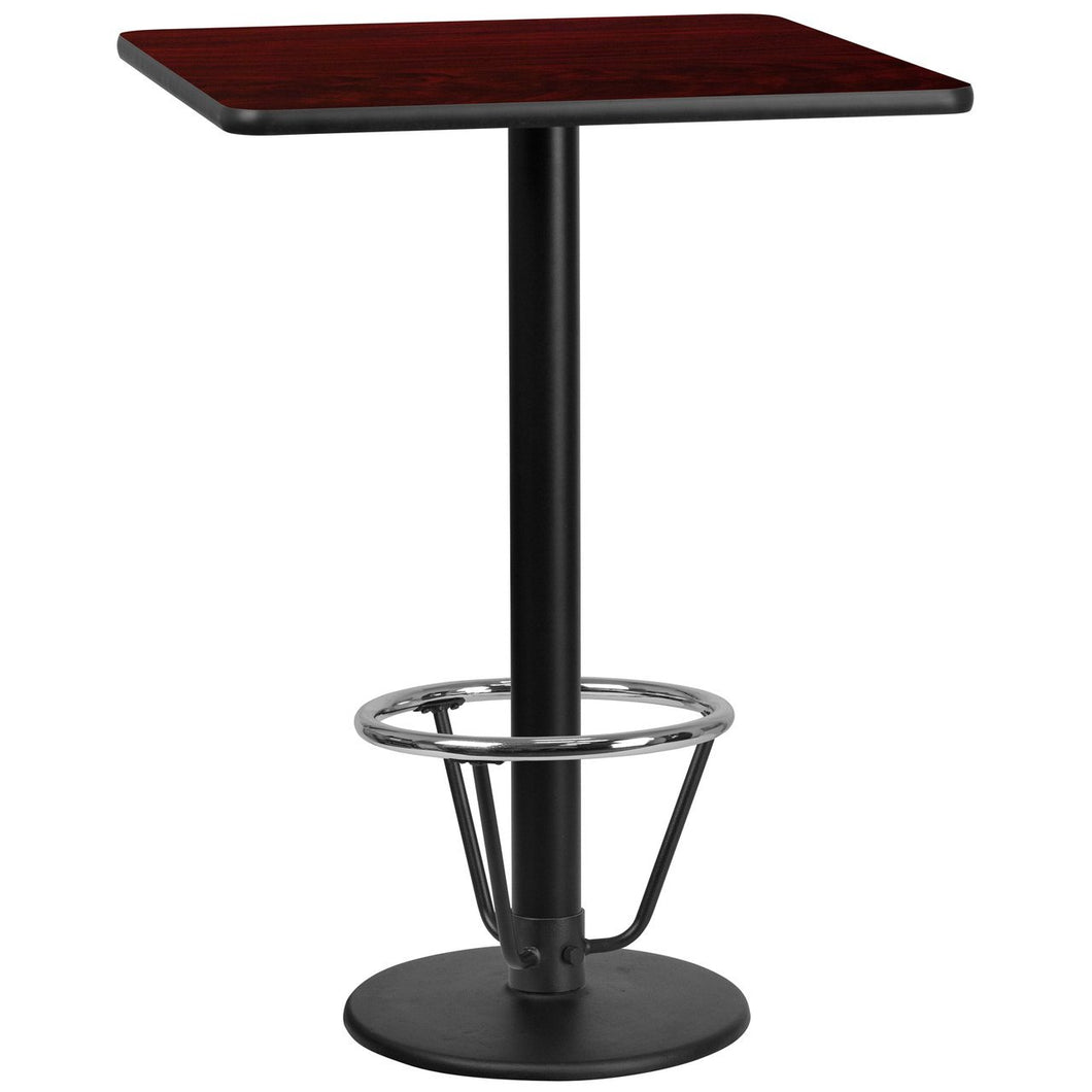 30'' Square Mahogany Laminate Table Top with 18'' Round Bar Height Table Base and Foot Ring