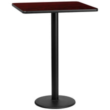Load image into Gallery viewer, 30&#39;&#39; Square Mahogany Laminate Table Top with 18&#39;&#39; Round Bar Height Table Base