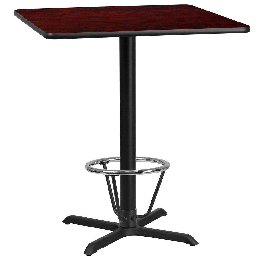 36'' Square Mahogany Laminate Table Top with 30'' x 30'' Bar Height Table Base and Foot Ring