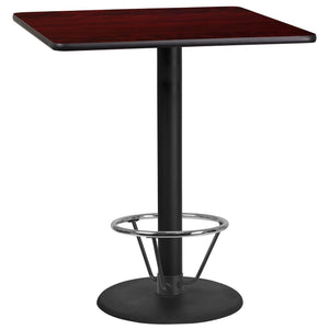 36'' Square Mahogany Laminate Table Top with 24'' Round Bar Height Table Base and Foot Ring