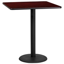 Load image into Gallery viewer, 36&#39;&#39; Square Mahogany Laminate Table Top with 24&#39;&#39; Round Bar Height Table Base
