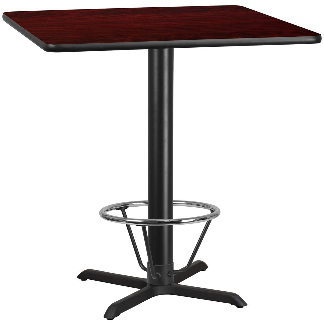 42'' Square Mahogany Laminate Table Top with 33'' x 33'' Bar Height Table Base and Foot Ring