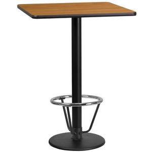 24'' Square Natural Laminate Table Top with 18'' Round Bar Height Table Base and Foot Ring