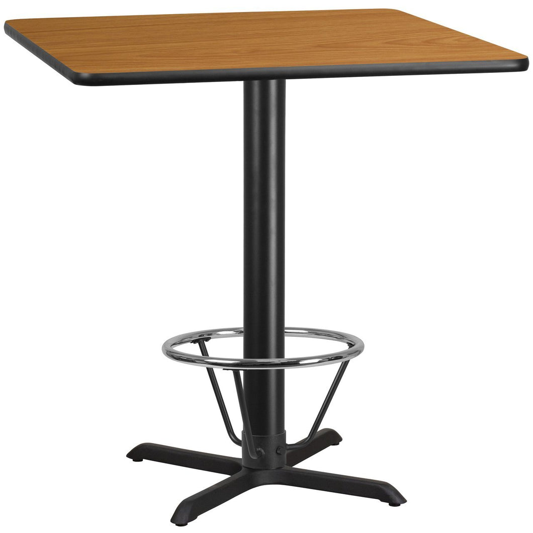 42'' Square Natural Laminate Table Top with 33'' x 33'' Bar Height Table Base and Foot Ring