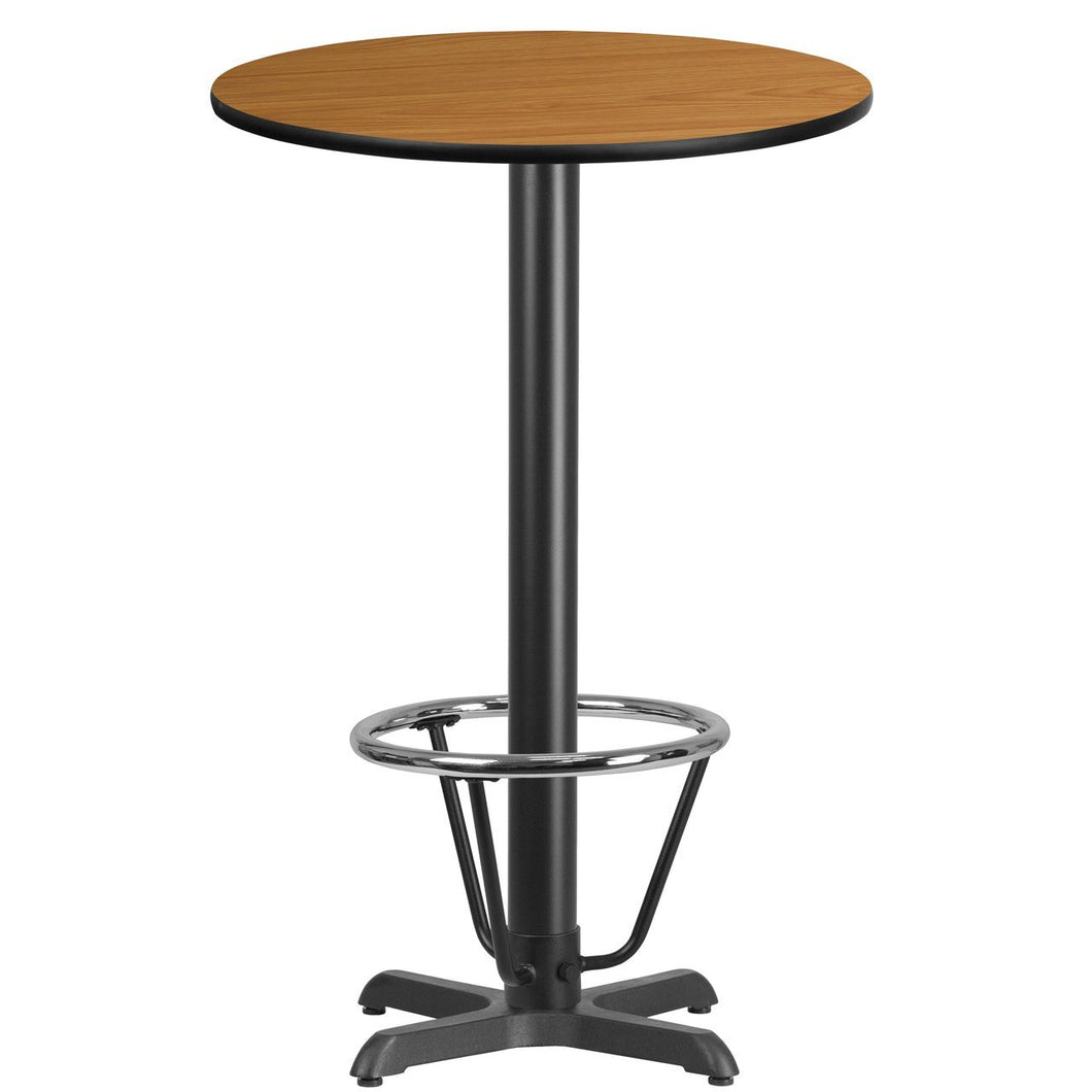 24'' Round Natural Laminate Table Top with 22'' x 22'' Bar Height Table Base and Foot Ring