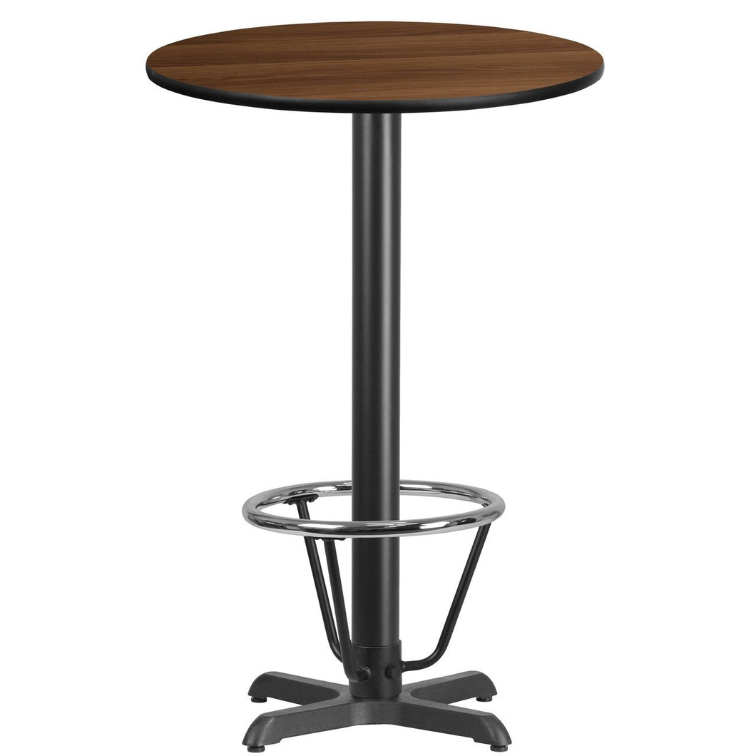 24'' Round Walnut Laminate Table Top with 22'' x 22'' Bar Height Table Base and Foot Ring