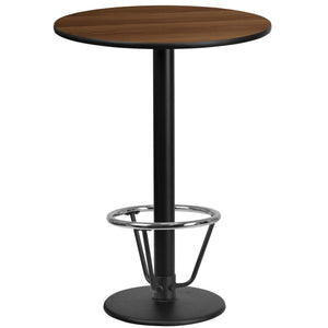 24'' Round Walnut Laminate Table Top with 18'' Round Bar Height Table Base and Foot Ring