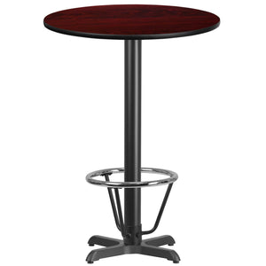 30'' Round Mahogany Laminate Table Top with 22'' x 22'' Bar Height Table Base and Foot Ring