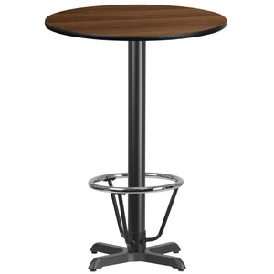30'' Round Walnut Laminate Table Top with 22'' x 22'' Bar Height Table Base and Foot Ring