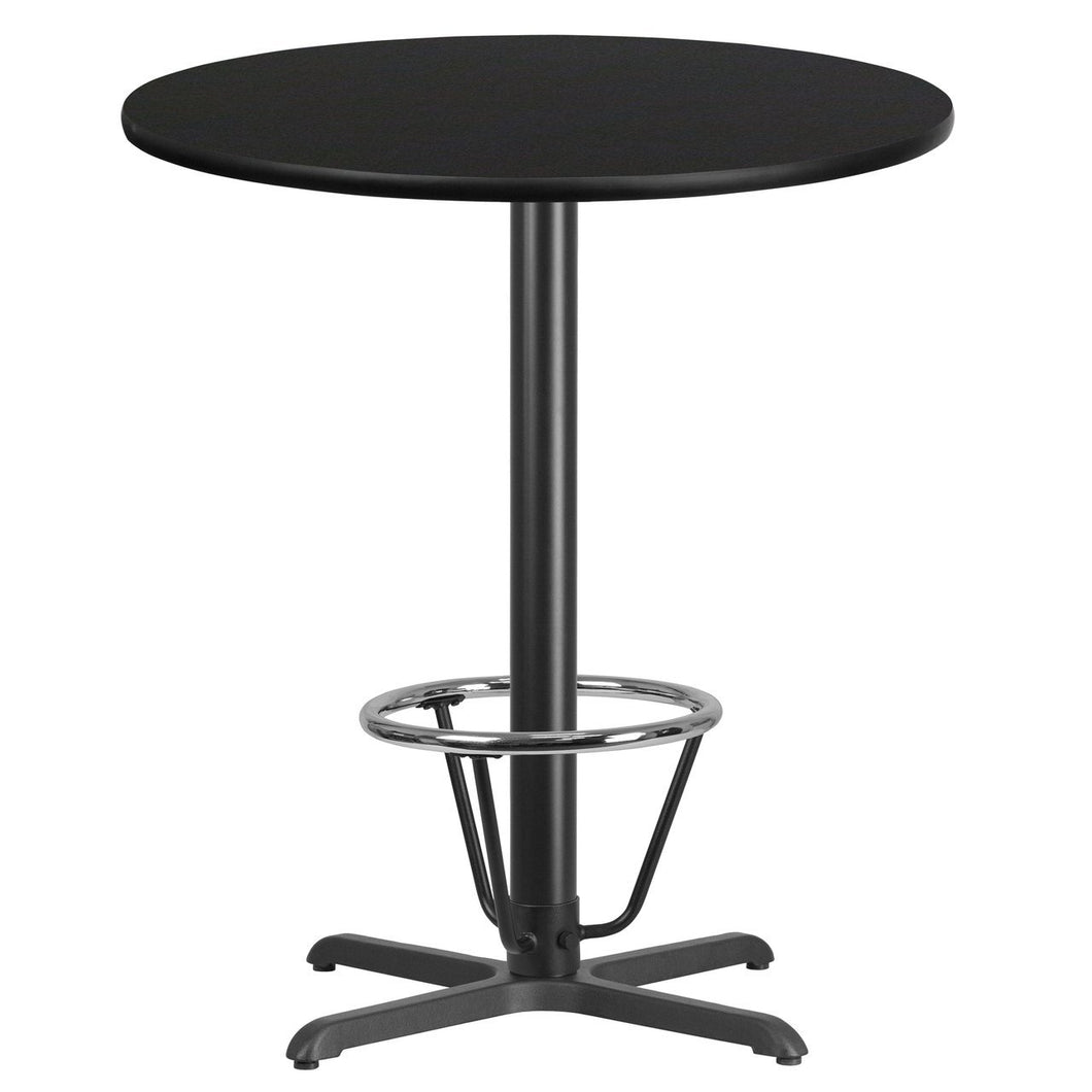 36'' Round Black Laminate Table Top with 30'' x 30'' Bar Height Table Base and Foot Ring