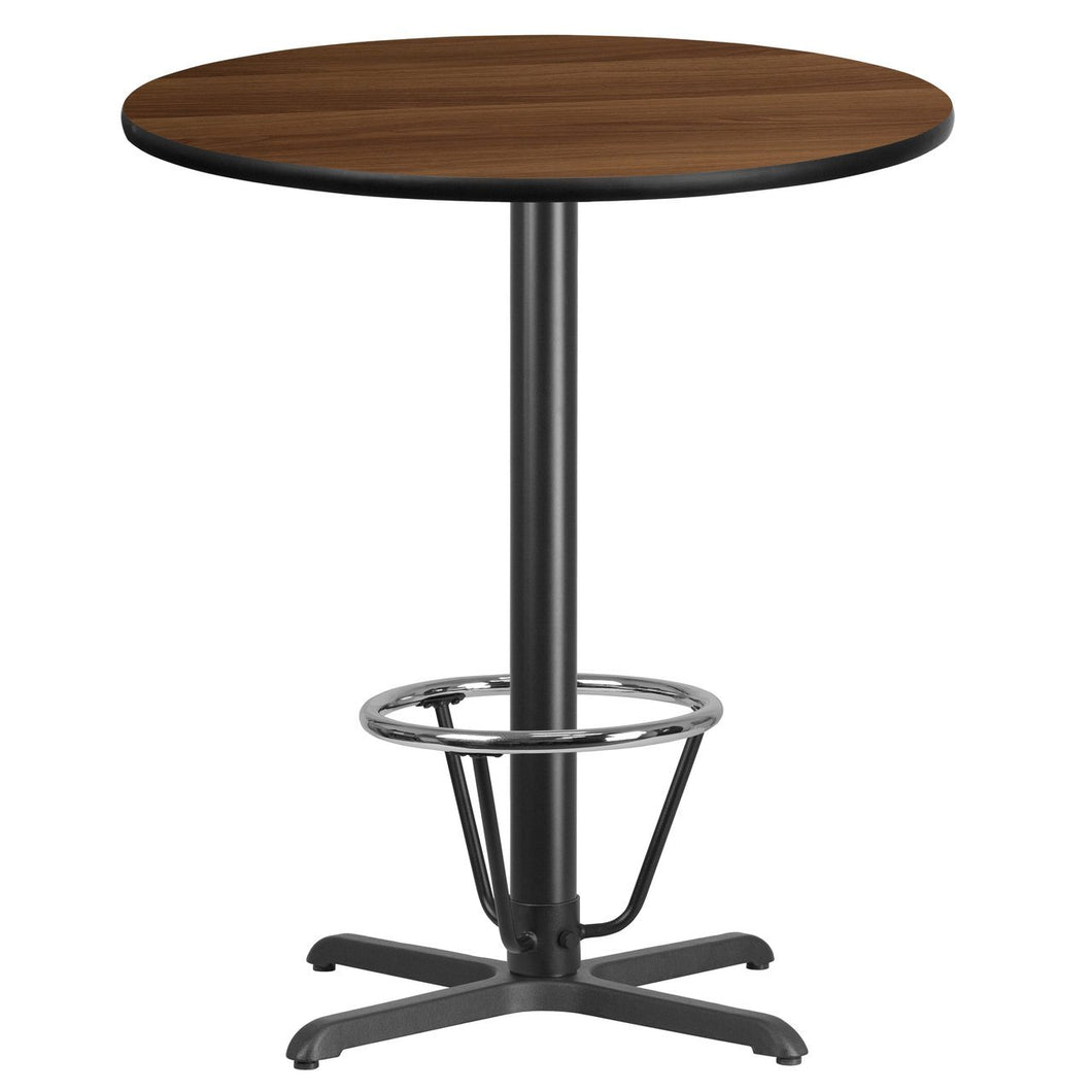 36'' Round Walnut Laminate Table Top with 30'' x 30'' Bar Height Table Base and Foot Ring