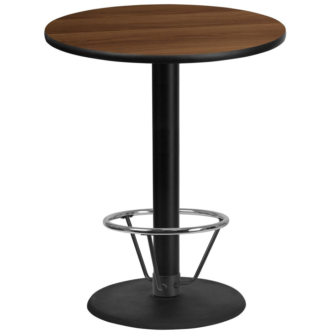 36'' Round Walnut Laminate Table Top with 24'' Round Bar Height Table Base and Foot Ring