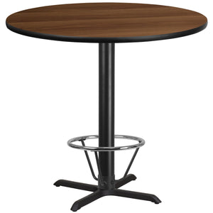 42'' Round Walnut Laminate Table Top with 33'' x 33'' Bar Height Table Base and Foot Ring