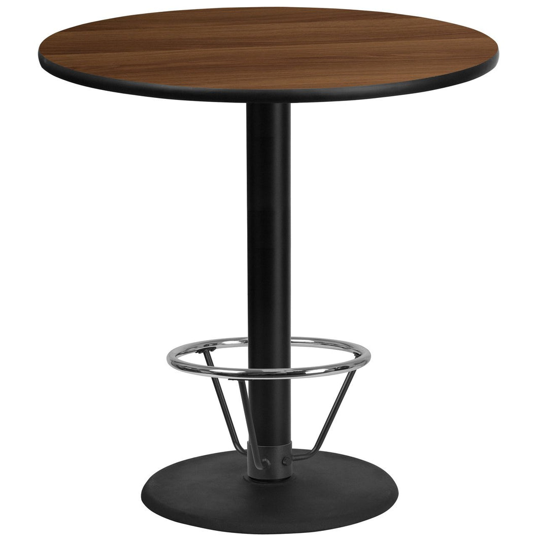 42'' Round Walnut Laminate Table Top with 24'' Round Bar Height Table Base and Foot Ring