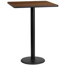 Load image into Gallery viewer, 24&#39;&#39; Square Walnut Laminate Table Top with 18&#39;&#39; Round Bar Height Table Base