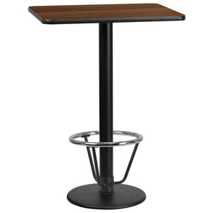 24'' x 30'' Rectangular Walnut Laminate Table Top with 18'' Round Bar Height Table Base and Foot Ring